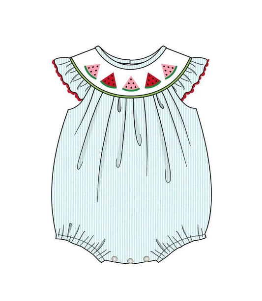 Watermelon Seersucker Embroidered Girls Romper Bubble