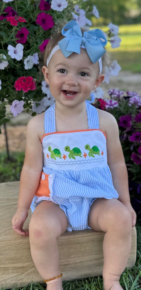 Turtle Embroidered Seersucker Romper