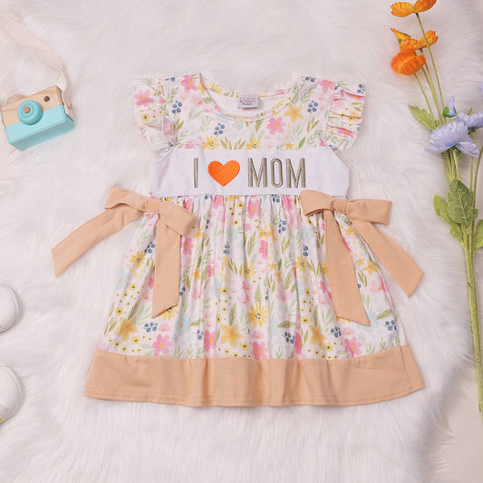 “I Love Mom” Embroidered Girls Floral Dress