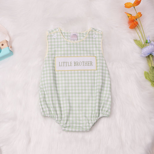 Little Brother Embroidered Boys Green Plaid Romper