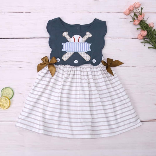 Baseball Embroidered Girls Scalloped Dress