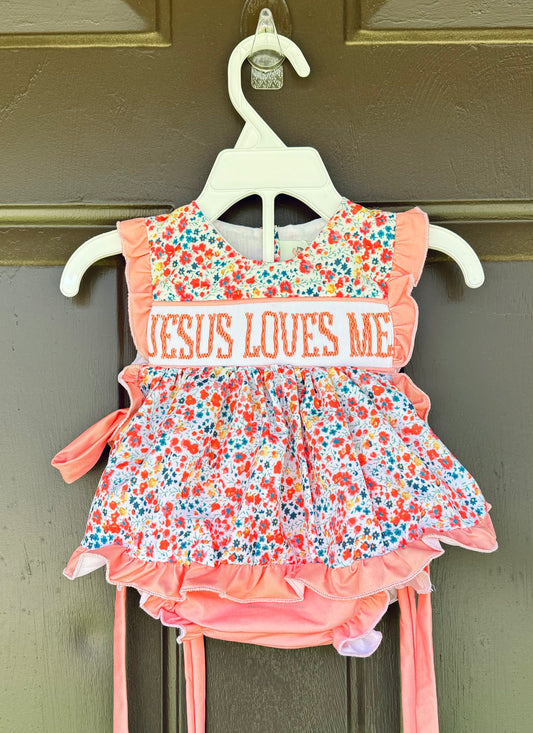 Hand Smocked Jesus Loves Me Bloomer Set