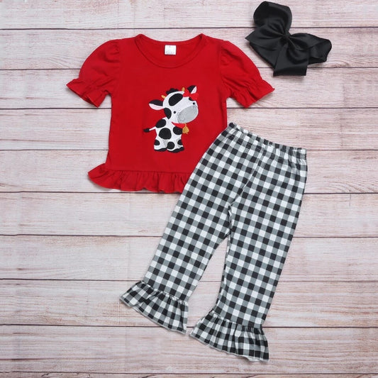 Cow Embroidered Girls Pant Set