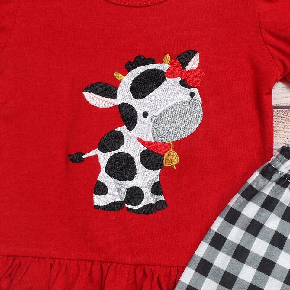 Cow Embroidered Girls Pant Set