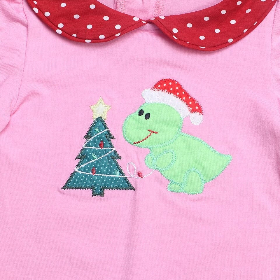 Dinosaur Christmas Tree Embroidered Girls Romper