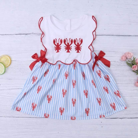 Crawfish Embroidered Scalloped Style Girls Dress