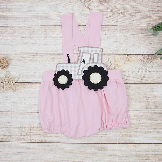 Pink Tractor Appliqué Girls Bubble Romper