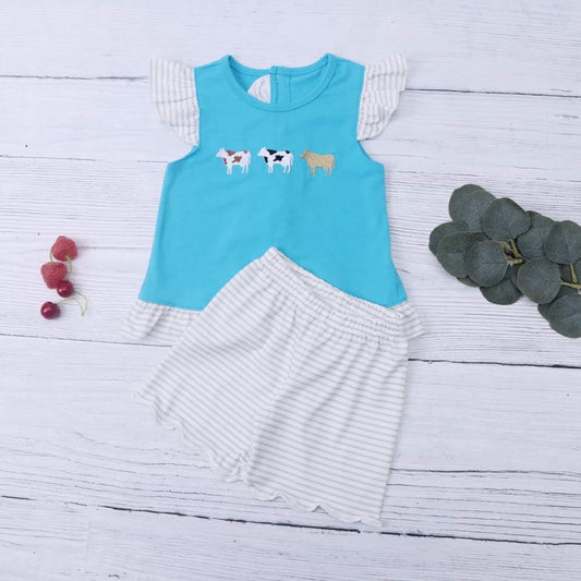 Cow Embroidered Girls Scalloped Shorts Set