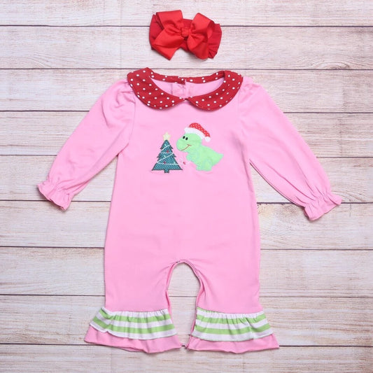 Dinosaur Christmas Tree Embroidered Girls Romper