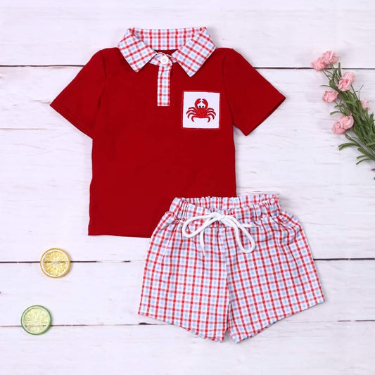 Crab Embroidered Boys Shorts Set